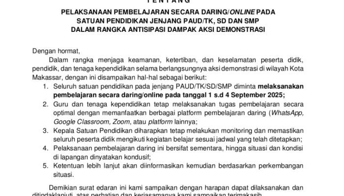 Empat Hari Sekolah Online, Disdik Makassar: Belajar Daring 1–4 September 2025