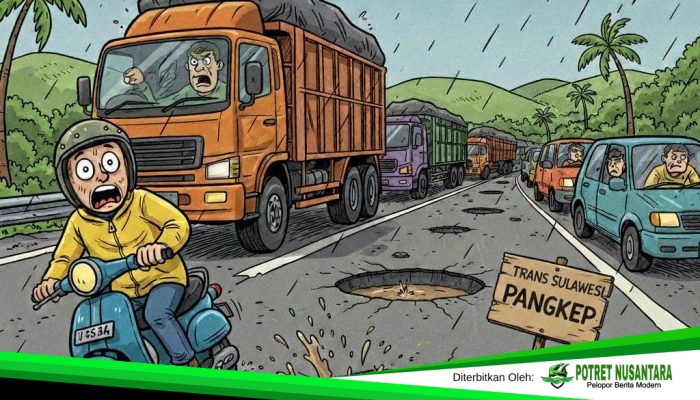 Kerusakan Jalan Trans Sulawesi di Pangkep Kian Parah, Lubang Dalam Mengancam Pengguna Jalan