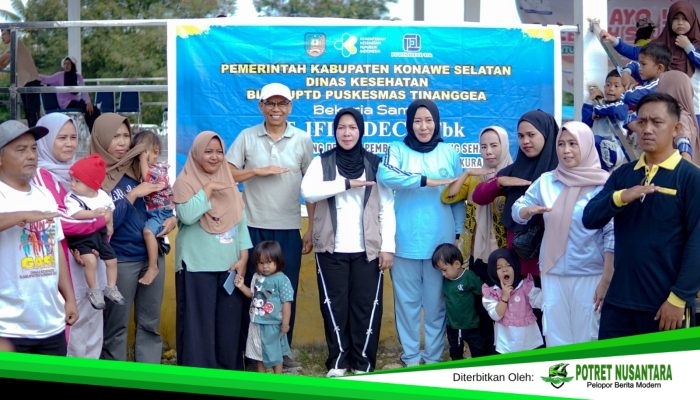 Dinkes Konsel Gandeng PT IFISHDECO Salurkan PMT, Ratusan Warga Tinanggea Ikuti Senam dan Cek Kesehatan Gratis