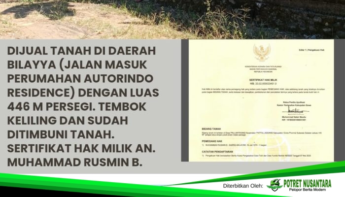 Tanah 446 Meter Persegi di Bilayya Gowa Ditawarkan, Lokasi Strategis dengan Sertifikat Hak Milik