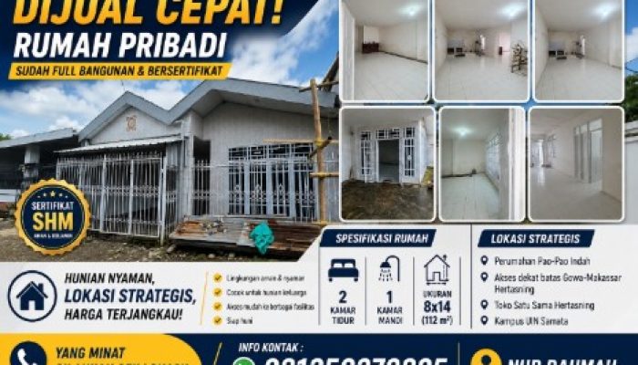 DIJUAL CEPAT! Rumah Pribadi di Perumahan Pao-Pao Indah Gowa Hubungi: 081250279805
