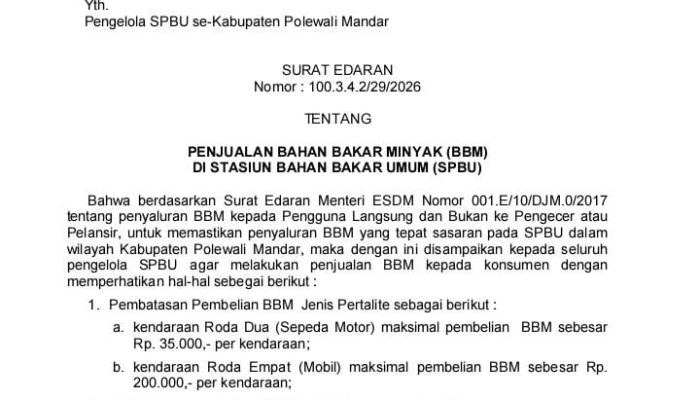 Pemkab Polman Terbitkan Surat Edaran, Pertalite Dibatasi Rp35 Ribu untuk Motor dan Rp200 Ribu untuk Mobil